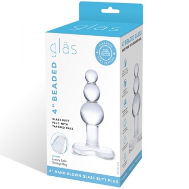 Glas 4" Beaded Glass Butt Plug with Tapered Base, прозрачный