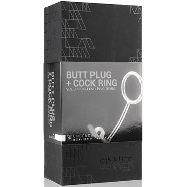 Sinner Metal Cock Ring With Anal Plug Size S, серебристое