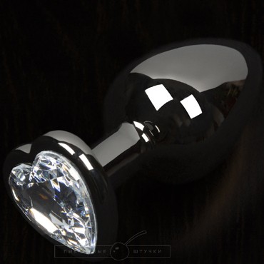 Большая анальная пробка с кристаллом - сердце, графит/прозрачный