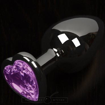 Большая анальная пробка с кристаллом - сердце, графит/фиолетовый