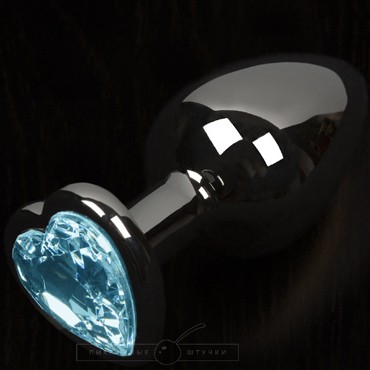 Большая анальная пробка с кристаллом - сердце, графит/голубой