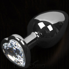 Большая анальная пробка с кристаллом - сердце, серебристый/прозрачный