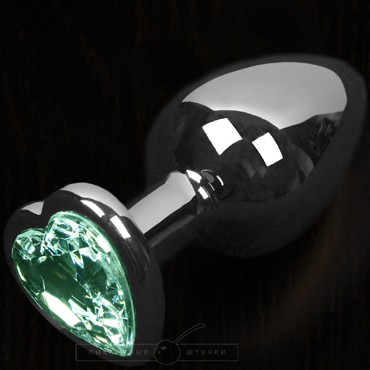 Большая анальная пробка с кристаллом - сердце, серебристый/зеленый