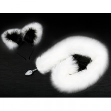 Анальная пробка с хвостом и ушками, серебристый/черно-белый