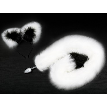 Анальная пробка с хвостом и ушками, серебристый/черно-белый