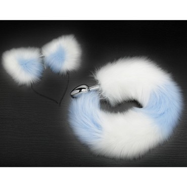 Анальная пробка с хвостом и ушками, серебристый/голубо-белый