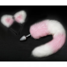 Анальная пробка с хвостом и ушками, серебристый/розово-белый