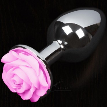 Большая анальная пробка с розочкой, серебристый/розовый