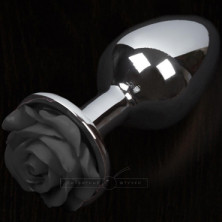 Большая анальная пробка с розочкой, серебристый/черный