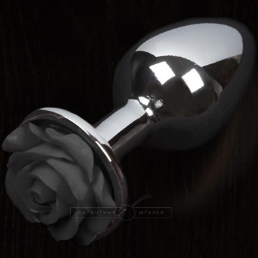 Большая анальная пробка с розочкой, серебристый/черный